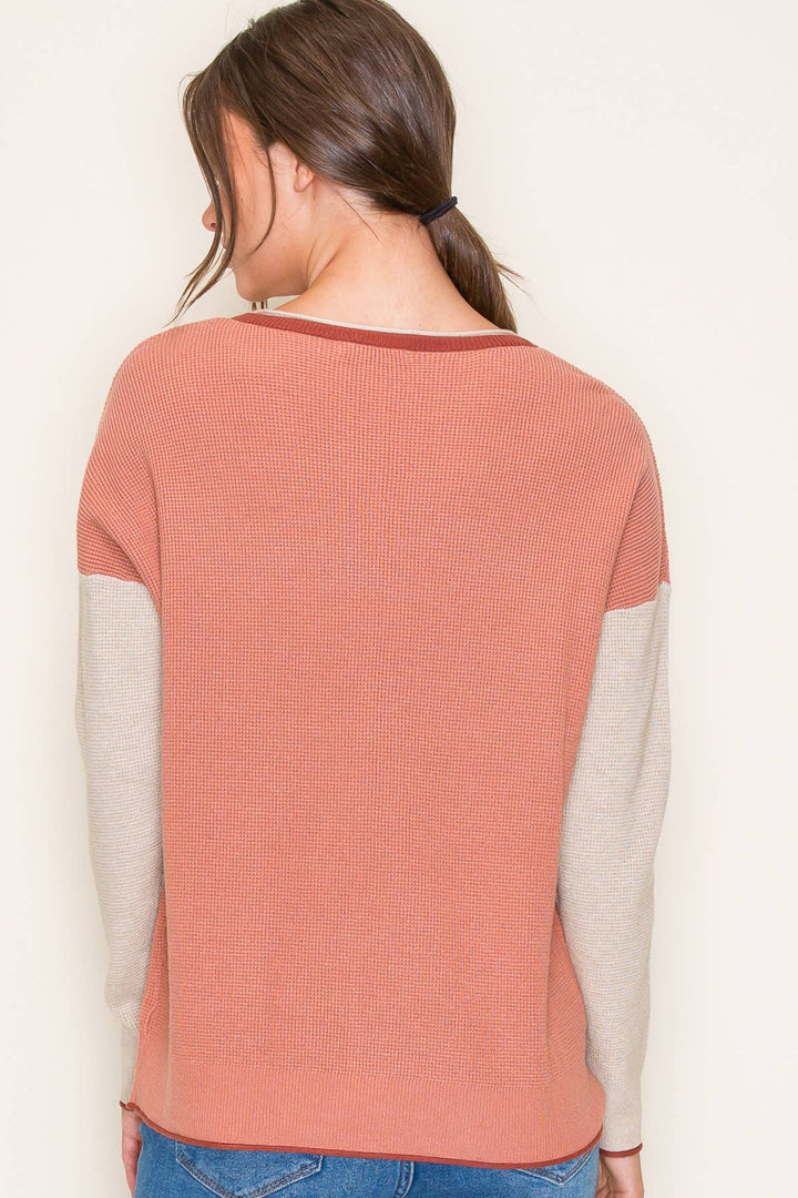 Crew Neck Pullover Sweater in Dark Coral