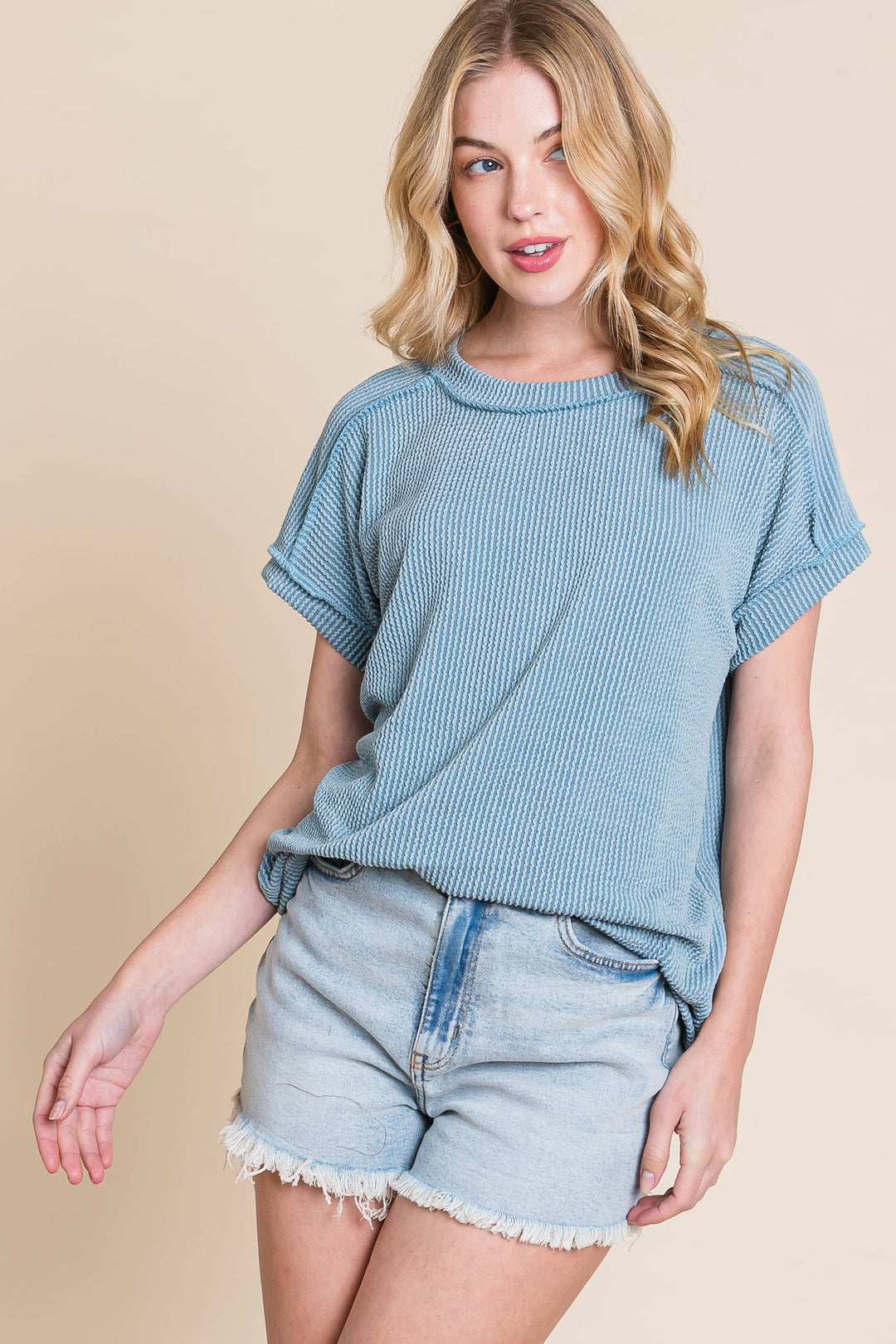 The Breezy Ribbed Knit Top - Denim