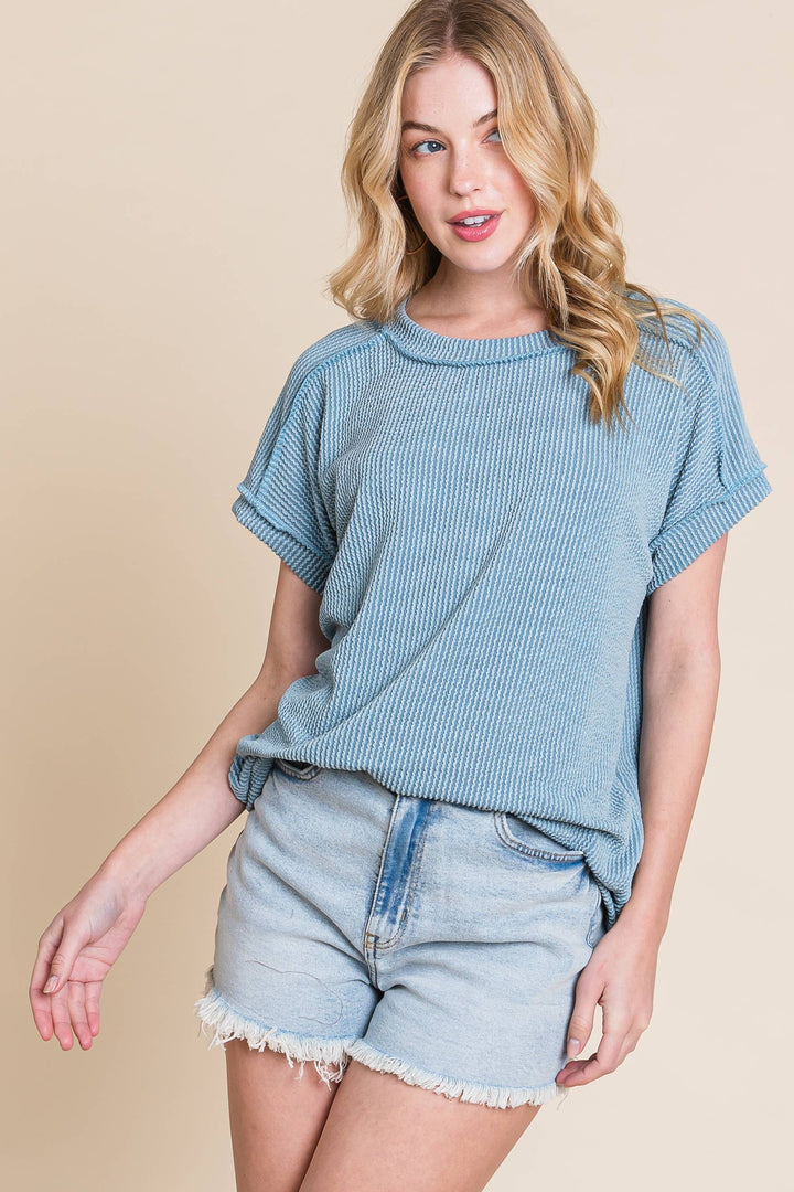 The Breezy Ribbed Knit Top - Denim