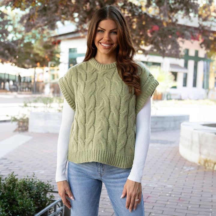 Grace and Lace Cabled Knit Sweater Vest in Ivy