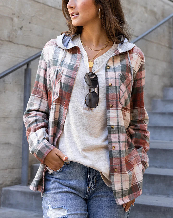 Grace and Lace Lightweight Hooded Flannel Shacket in Desert Plaid