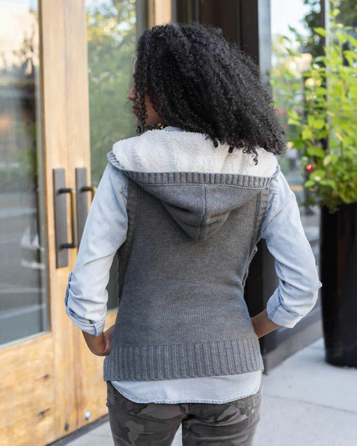 Grace and Lace  Hooded Cable Knit Vest - Charcoal