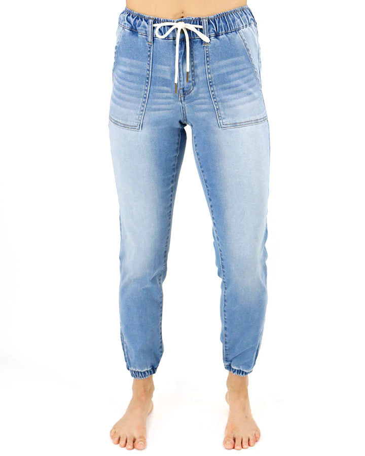 Grace and Lace Denim Joggers Light Mid Wash Sublime Boutique