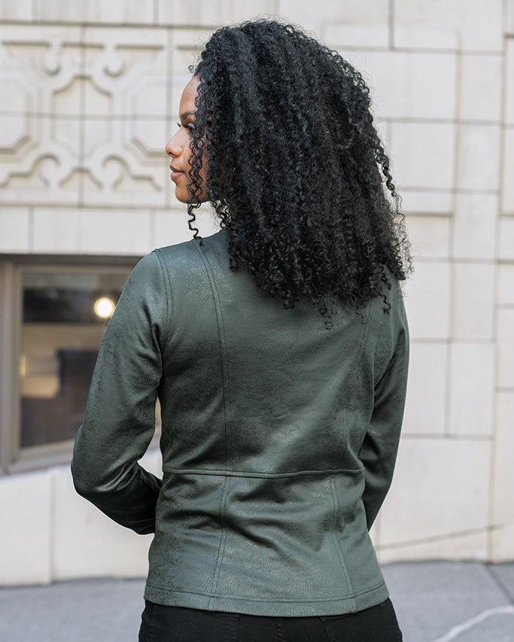 Grace and Lace Leather Like Cafe Racer Jacket in Dark Green