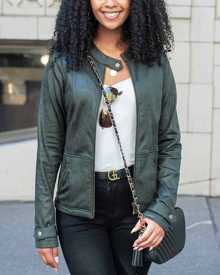 Grace and Lace Leather Like Cafe Racer Jacket in Dark Green