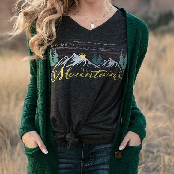 Grace and Lace Perfect V-Neck Graphic Tee - Take Me To The Mountains