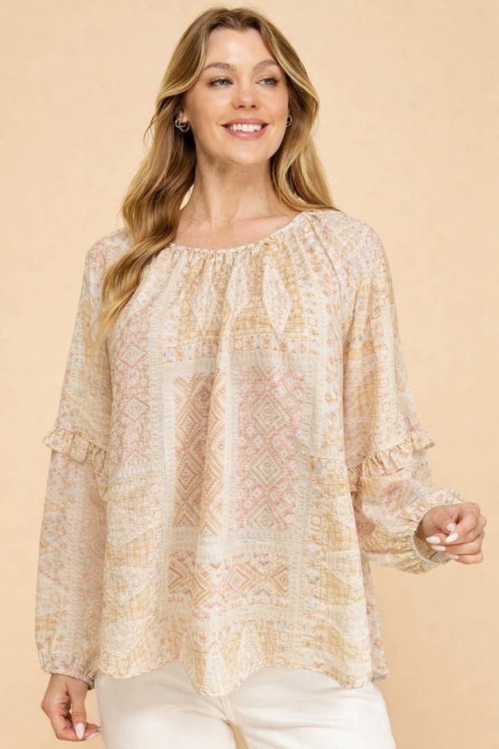 Mosaic Ruffle Sleeve Blouse - Lt. Mustard