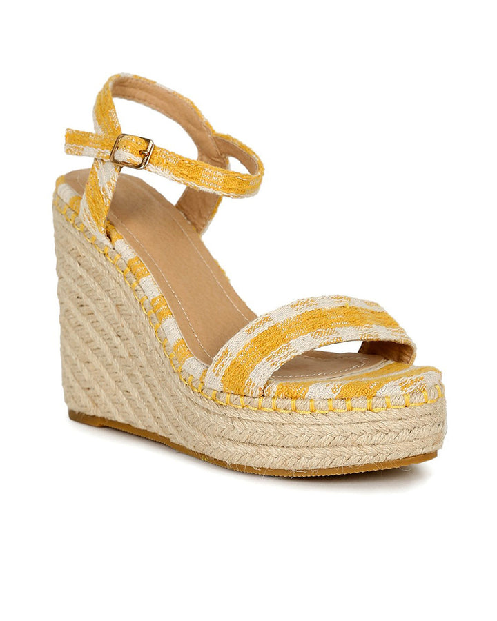 Gingham Wedge Sandal - Mustard/Ivory