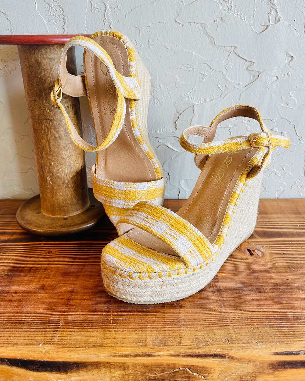 Gingham Wedge Sandal - Mustard/Ivory