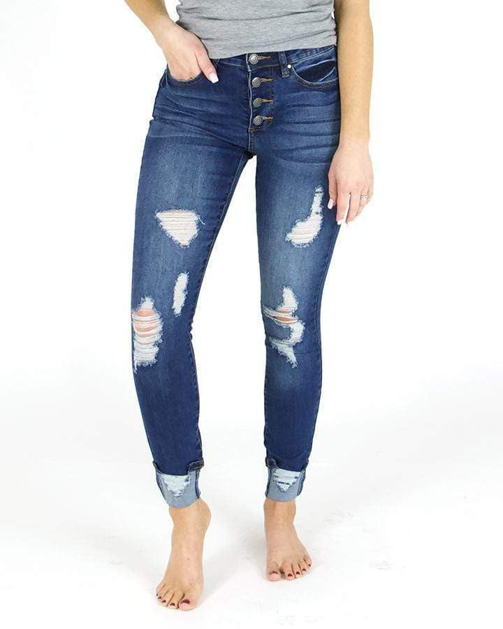 Grace and Lace Button Fly Distressed Cuffed Jeggings - Dark Wash