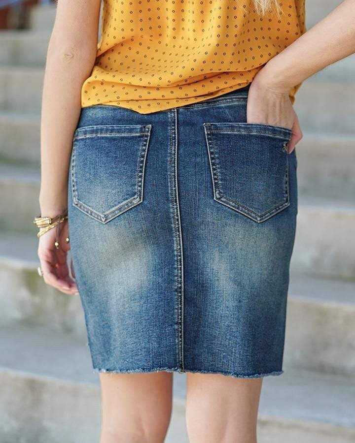 Grace and Lace Super Stretch Step Hem Denim Skirt Button Fly - Dark MidWash