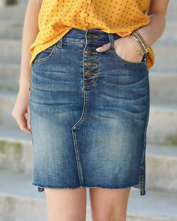 Grace and Lace Super Stretch Step Hem Denim Skirt Button Fly - Dark MidWash