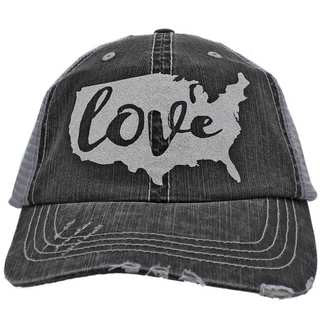 Love (United States Shape Patriotic Hat) - Distressed Grey Trucker Cap