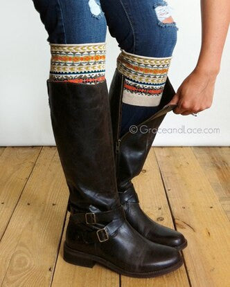 Grace and Lace Patterned Boot Cuffs - Fair Isle (tan/mustard/coral)