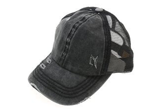 Distressed Mesh Back High Pony CC Ball Cap - Black