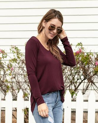 Grace and Lace Long Sleeve Perfect Pocket Tee - Wine