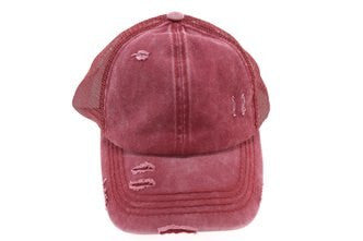 Distressed Mesh Back High Pony CC Ball Cap - Burgundy