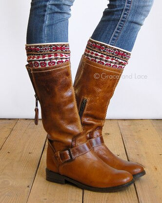 Grace and Lace Patterned Boot Cuffs - Nordic Fair Isle (brown/red/mint)