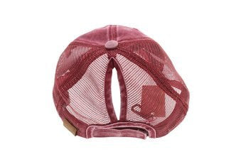 Distressed Mesh Back High Pony CC Ball Cap - Coral