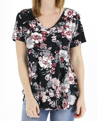 Grace and Lace Perfect Pocket Tee - Short Sleeve - Black Floral