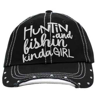 Huntin and Fishin Kinda Girl Trucker Cap - Distressed Black