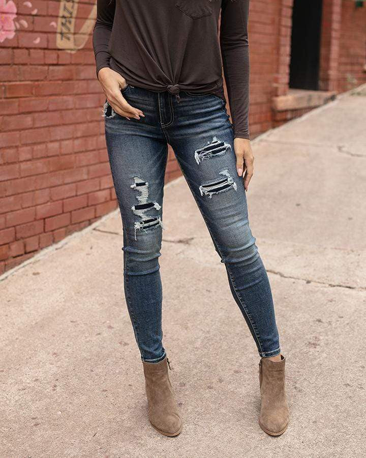 Grace and Lace Patched Distressed Mid-Rise Jeggings - Dark Wash