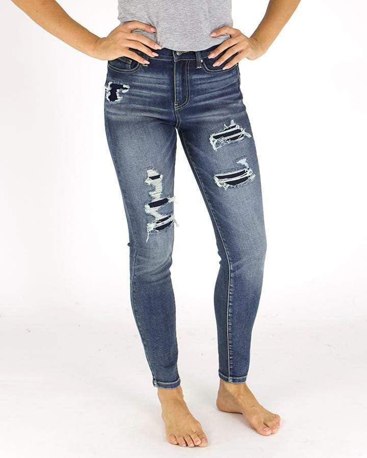 Grace and Lace Patched Distressed Mid-Rise Jeggings - Dark Wash