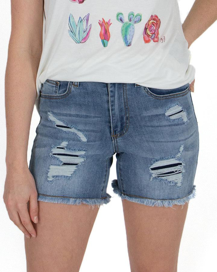 Grace and Lace Patched Distressed Shorts - Light Midwash