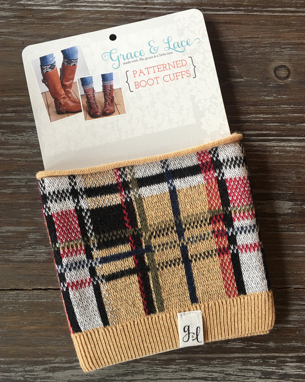 Grace and Lace Patterned Boot Cuffs - Plaid (tan)