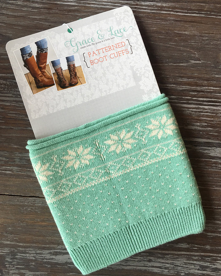 Grace and Lace Patterned Boot Cuffs - Snowflake (mint/cream)