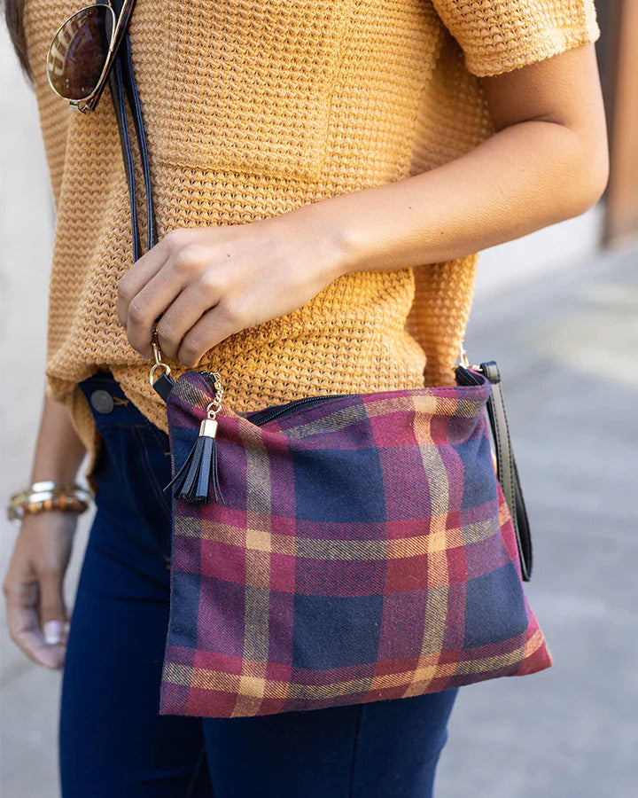 Grace and Lace- Plaid Flannel Crossbody Bag in Navy/Wine