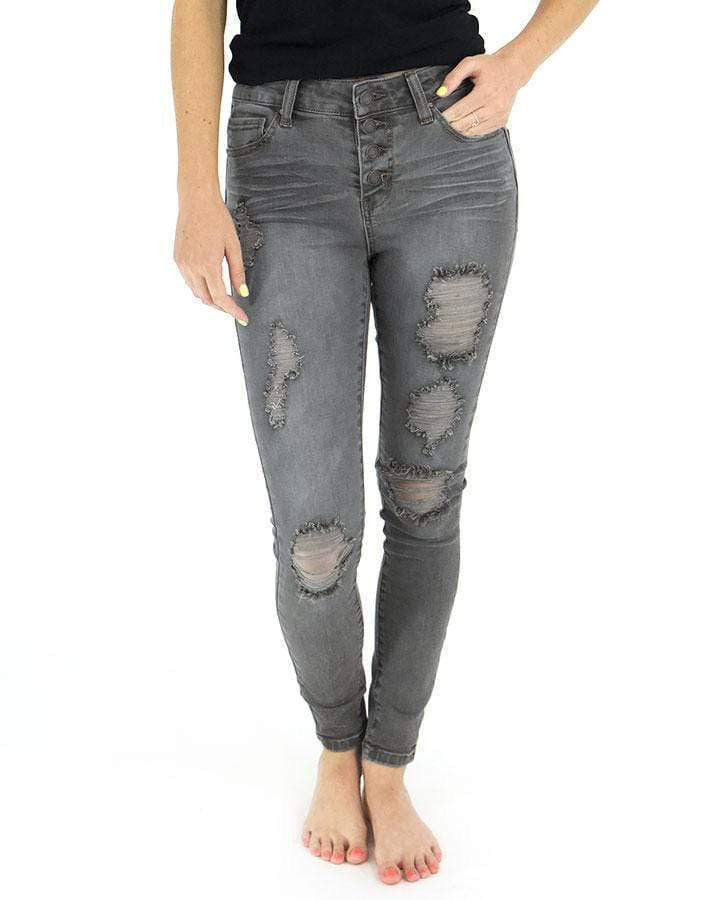 Grace and Lace Button Fly Distressed Jeggings - Grey