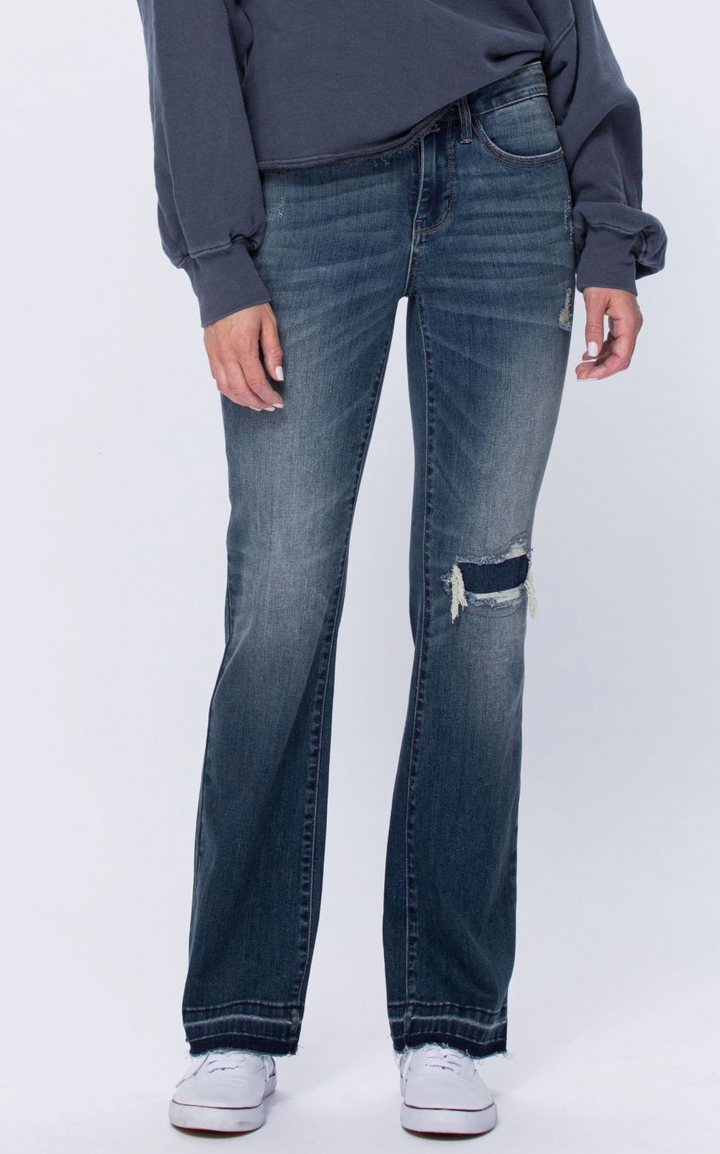 Judy Blue Mid Rise Bootcut Patched Distressed Knee Raw Hem - Plus Sizes
