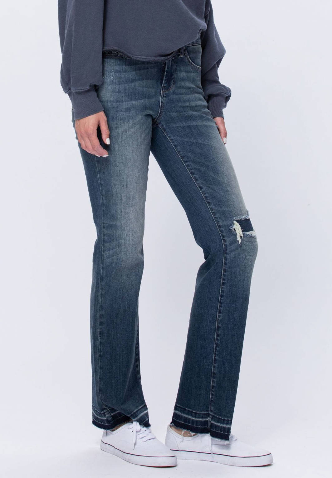 Judy Blue Mid Rise Bootcut Patched Distressed Knee Raw Hem - Plus Sizes