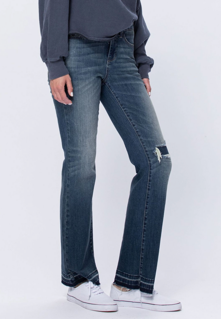 Judy Blue Mid Rise Bootcut Patched Distressed Knee Raw Hem - Plus Sizes