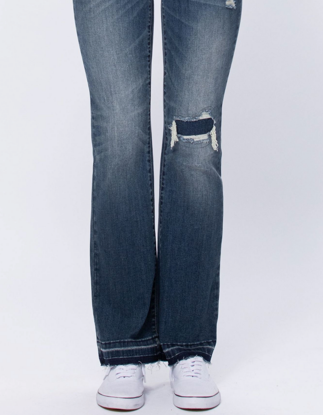 Judy Blue Mid Rise Bootcut Patched Distressed Knee Raw Hem - Plus Sizes