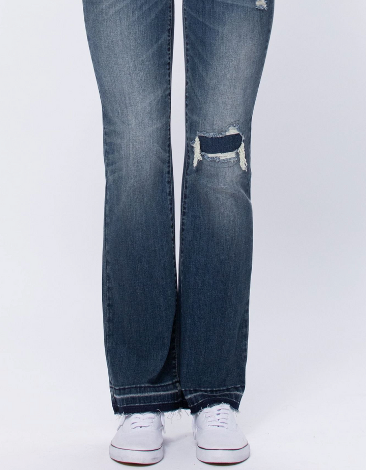Judy Blue Mid Rise Bootcut Patched Distressed Knee Raw Hem - Plus Sizes