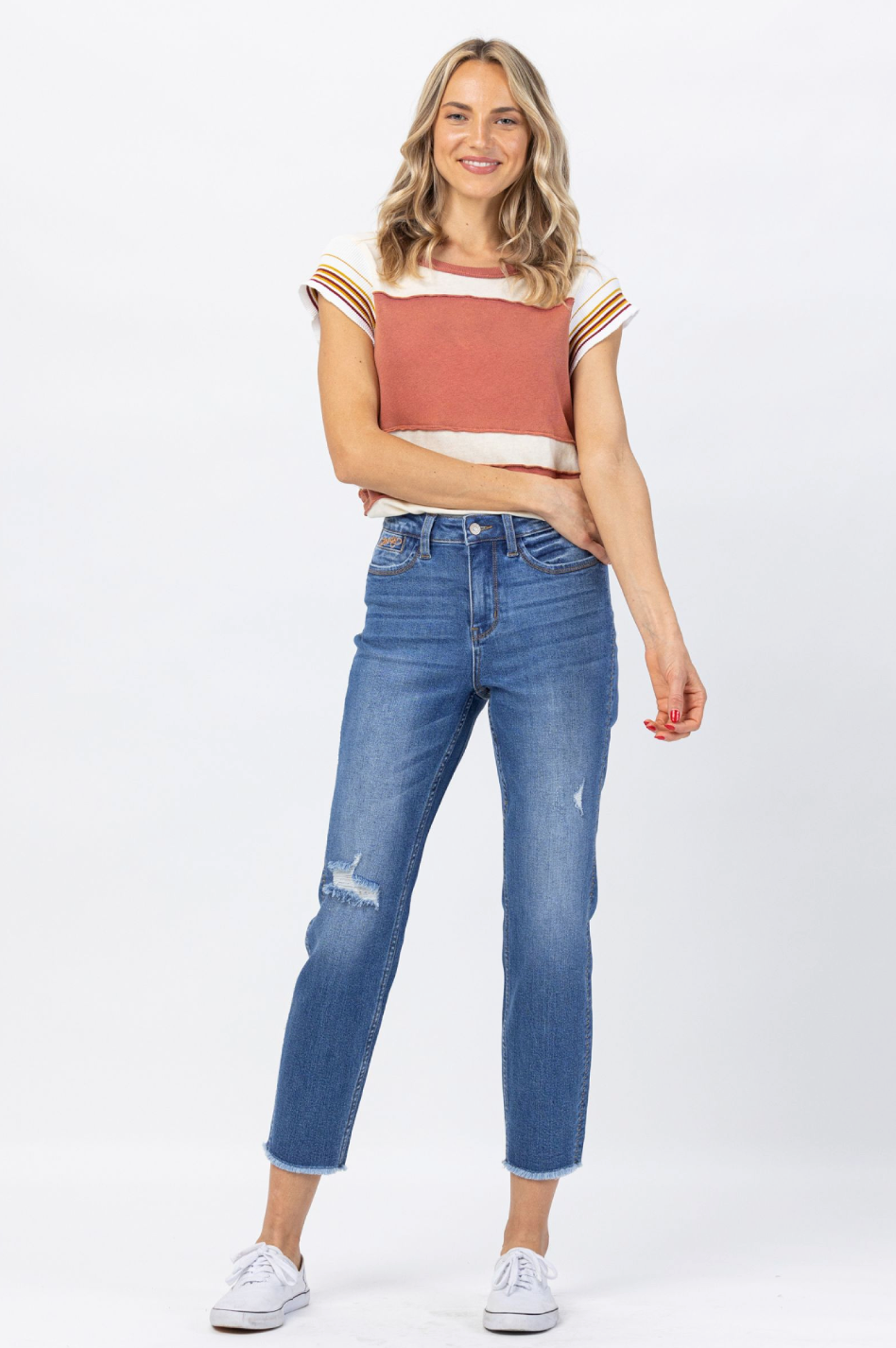 Judy Blue Howdy High Waist Boyfriend Jeans with Stitched Seam Detail - Plus Size