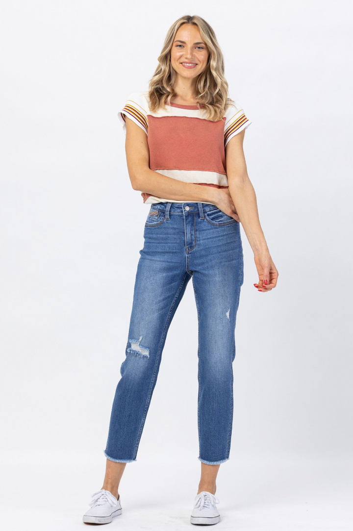 Judy Blue Howdy High Waist Boyfriend Jeans with Stitched Seam Detail - Plus Size
