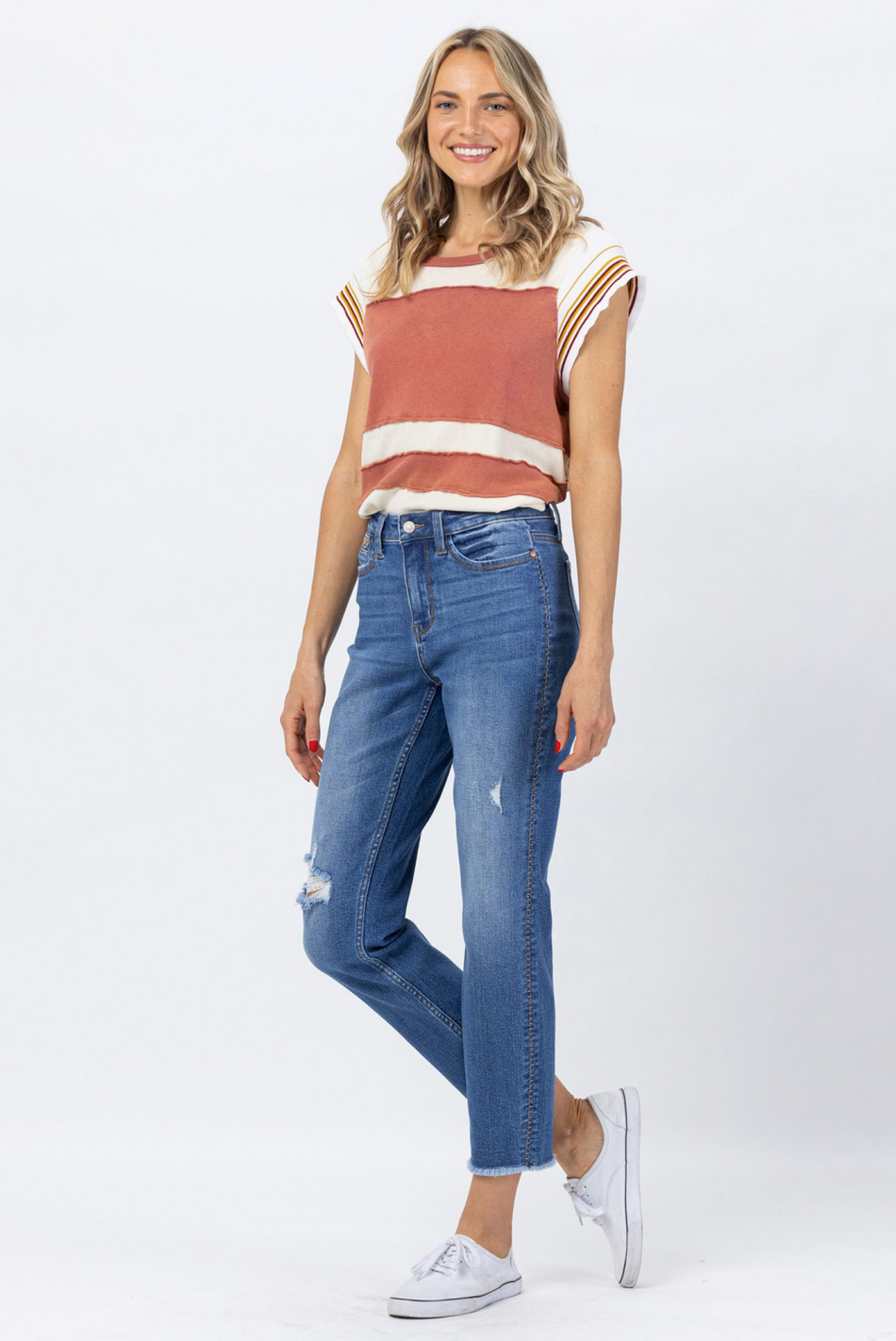 Judy Blue Howdy High Waist Boyfriend Jeans with Stitched Seam Detail - Plus Size