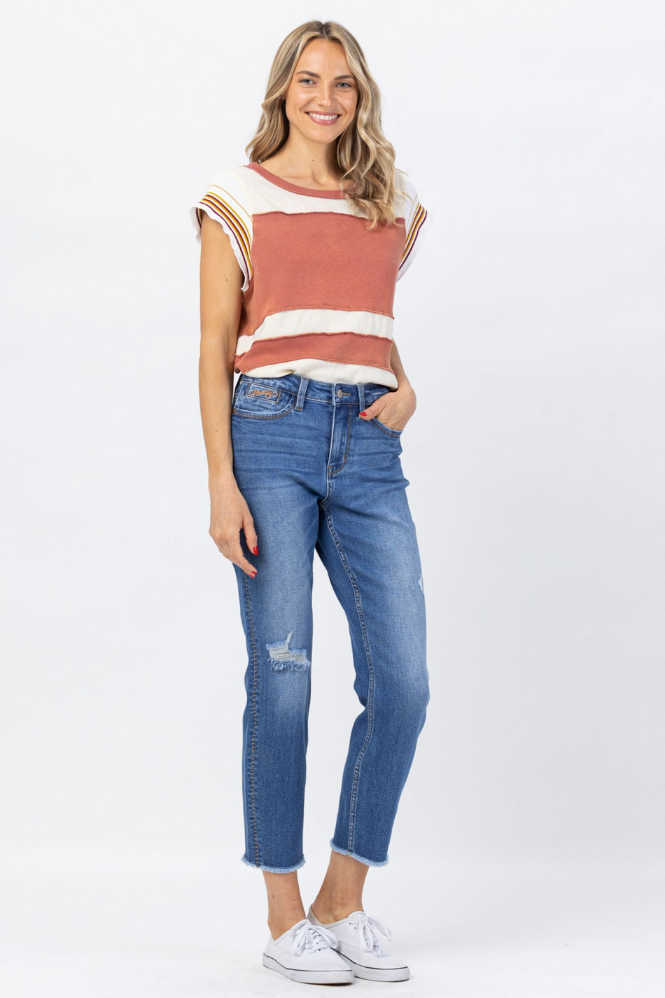 Judy Blue Howdy High Waist Boyfriend Jeans with Stitched Seam Detail - Plus Size