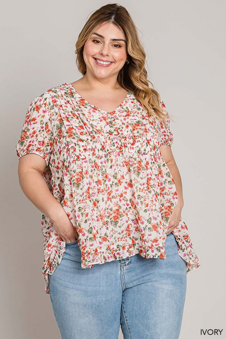 Cotton Bleu Floral Smocked Blouse - Plus Size