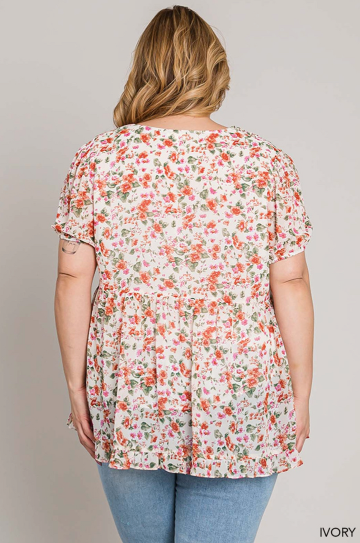 Cotton Bleu Floral Smocked Blouse - Plus Size