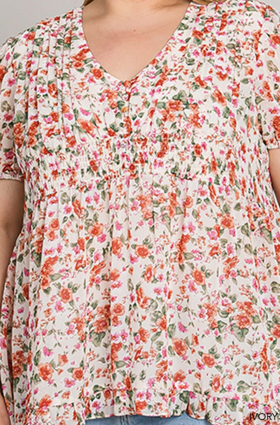 Cotton Bleu Floral Smocked Blouse - Plus Size