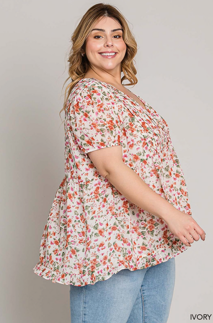 Cotton Bleu Floral Smocked Blouse - Plus Size