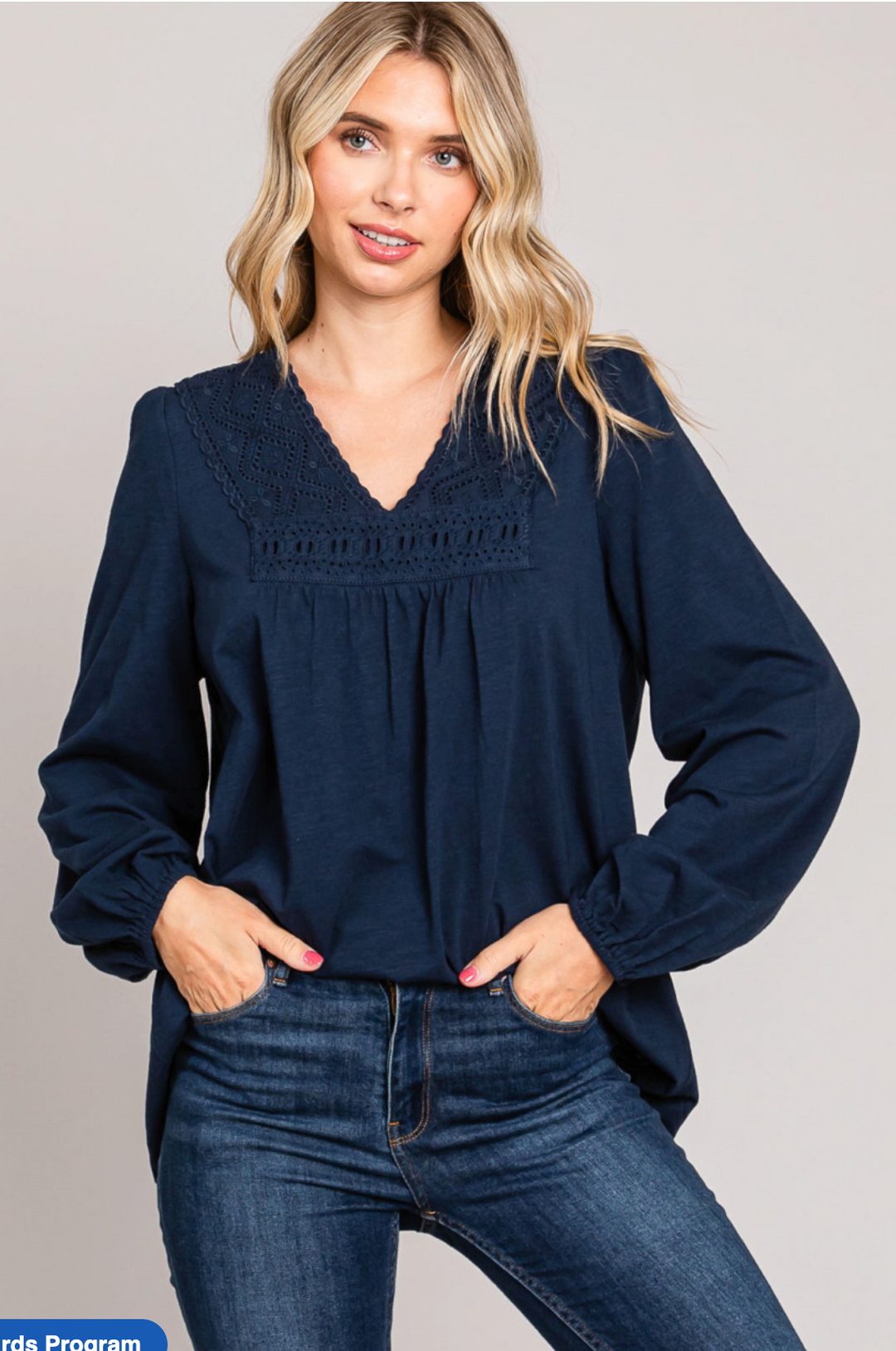 Plus Size Cotton Bleu Eyelet V-neck Detail Top - Navy