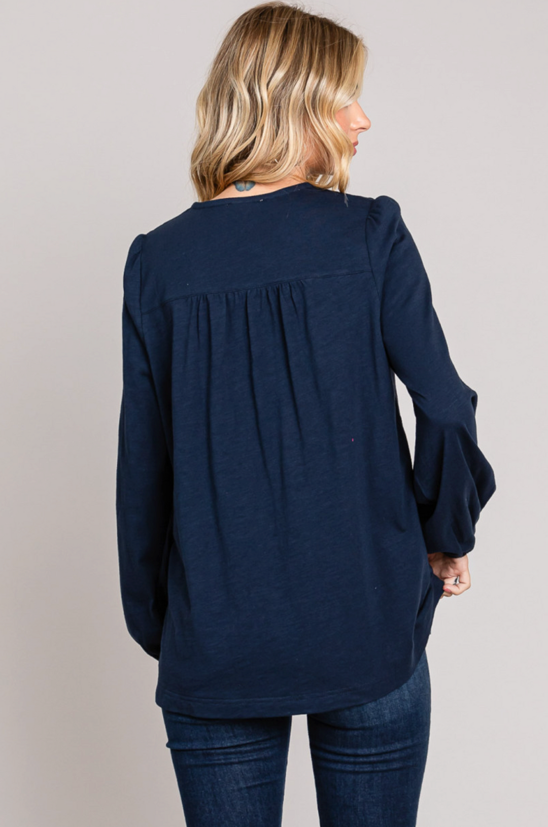 Cotton Bleu Eyelet V-neck Detail Top - Navy