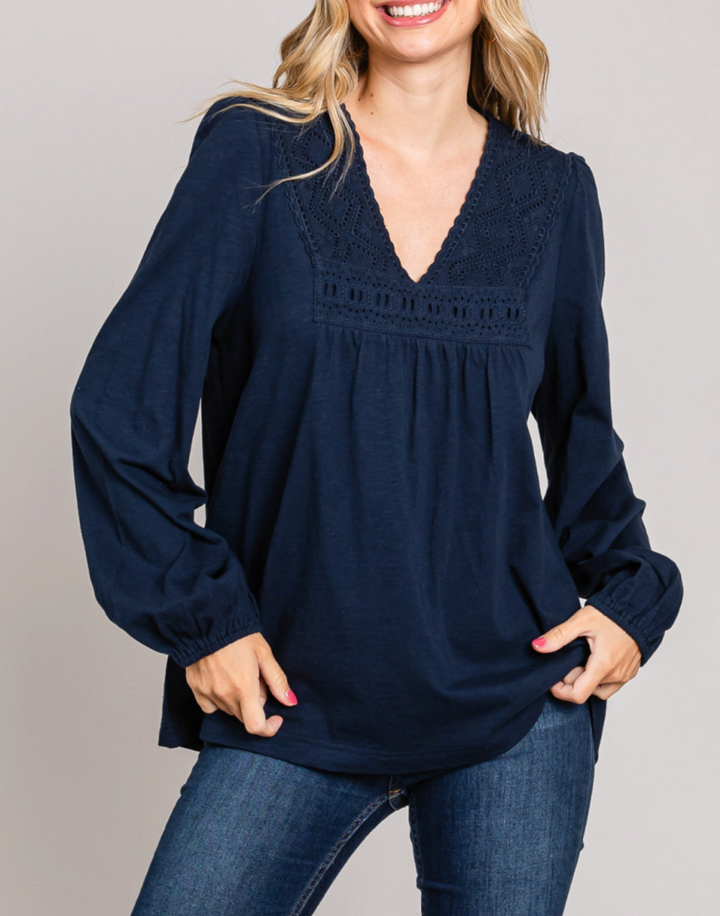 Plus Size Cotton Bleu Eyelet V-neck Detail Top - Navy