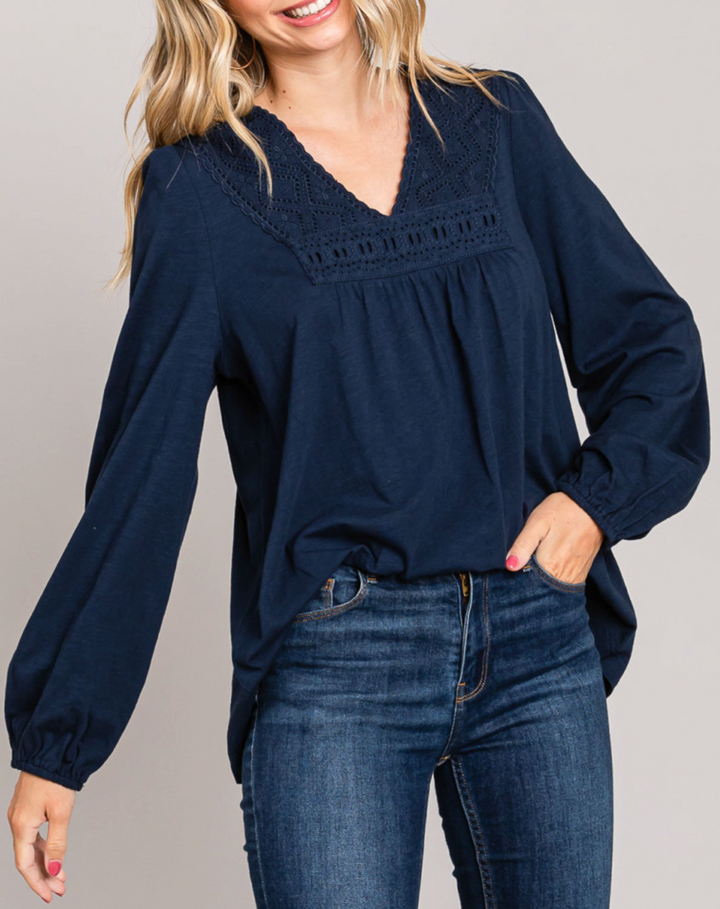 Plus Size Cotton Bleu Eyelet V-neck Detail Top - Navy