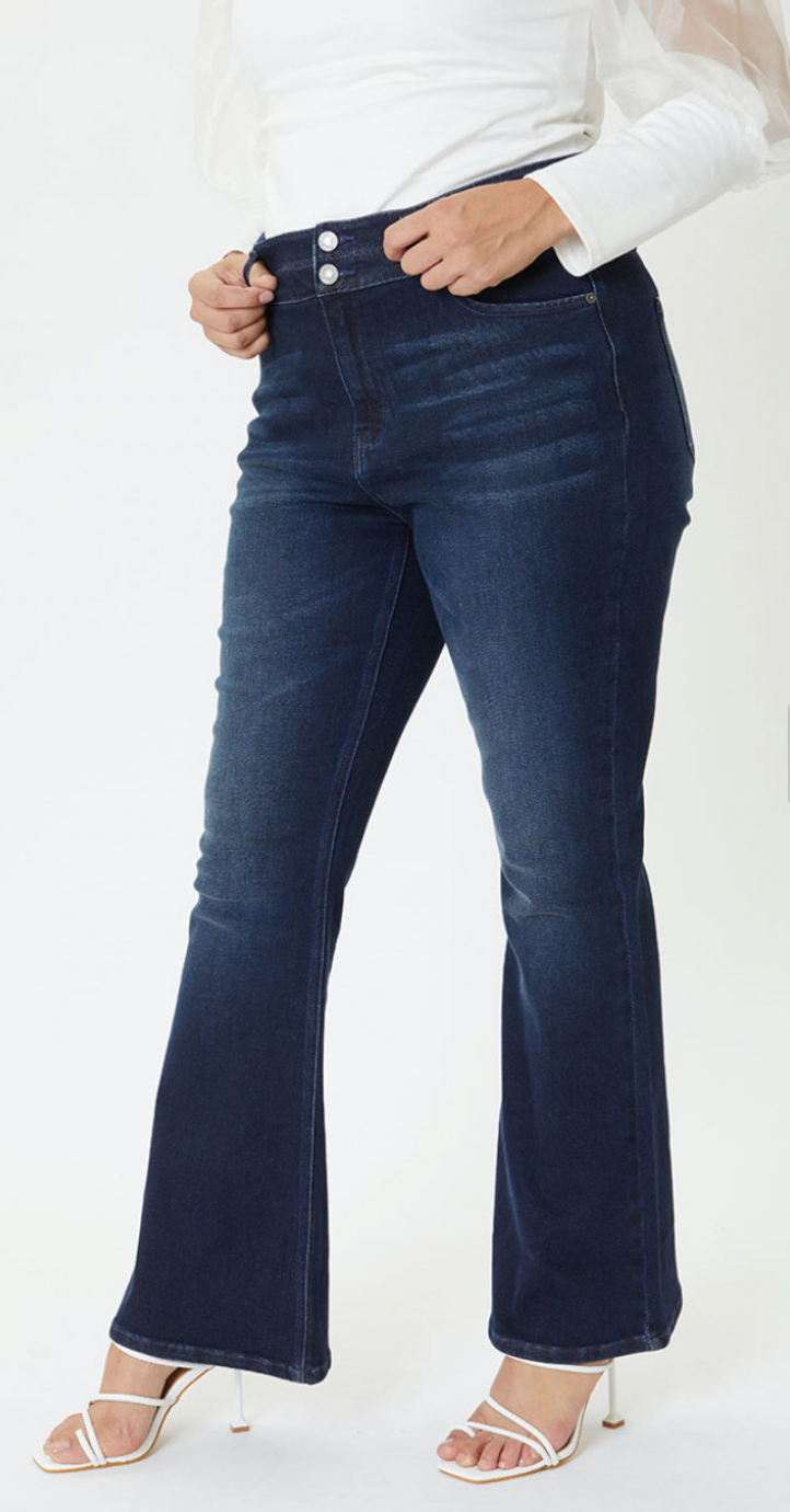 Plus Size KanCan Ultra High Rise Double Button Flare Dark Wash